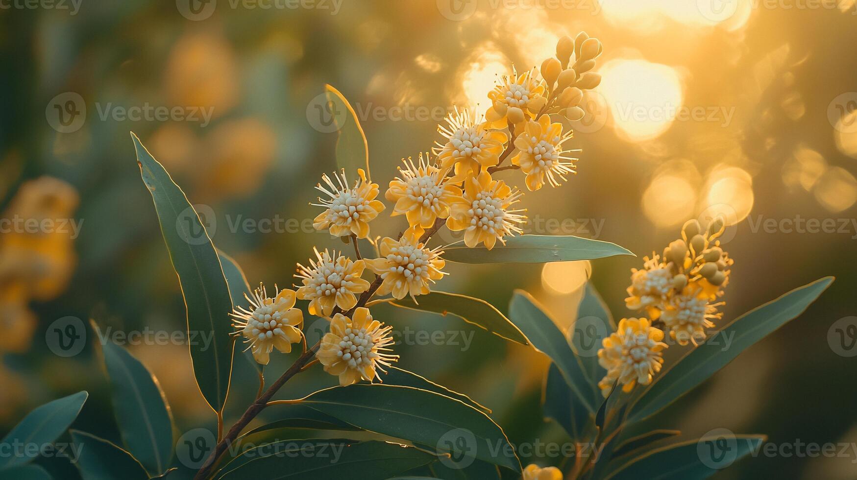 Yellow flowers in the sun with green leaves photo