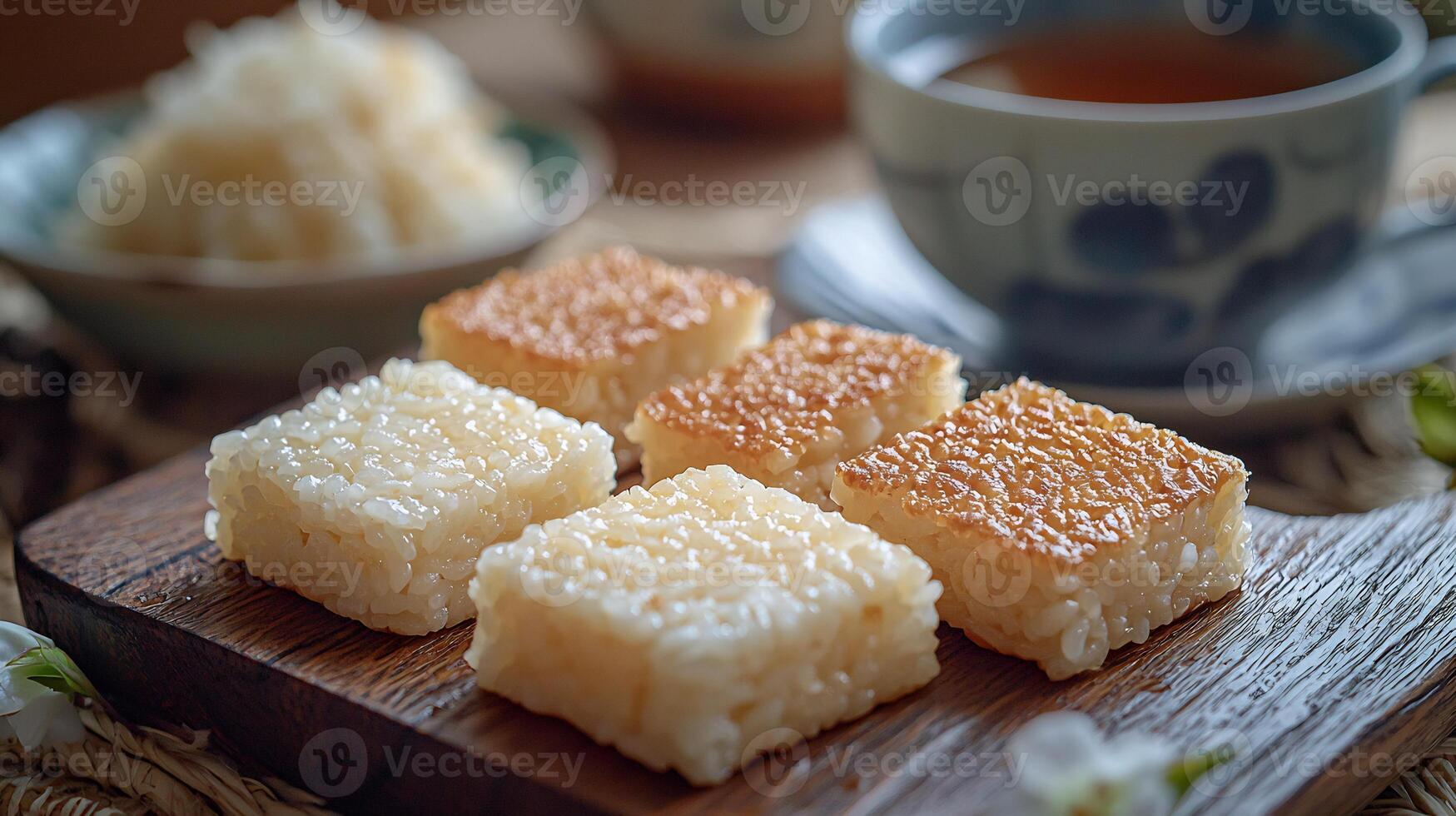 A wooden cutting board with rice and a cup of tea photo