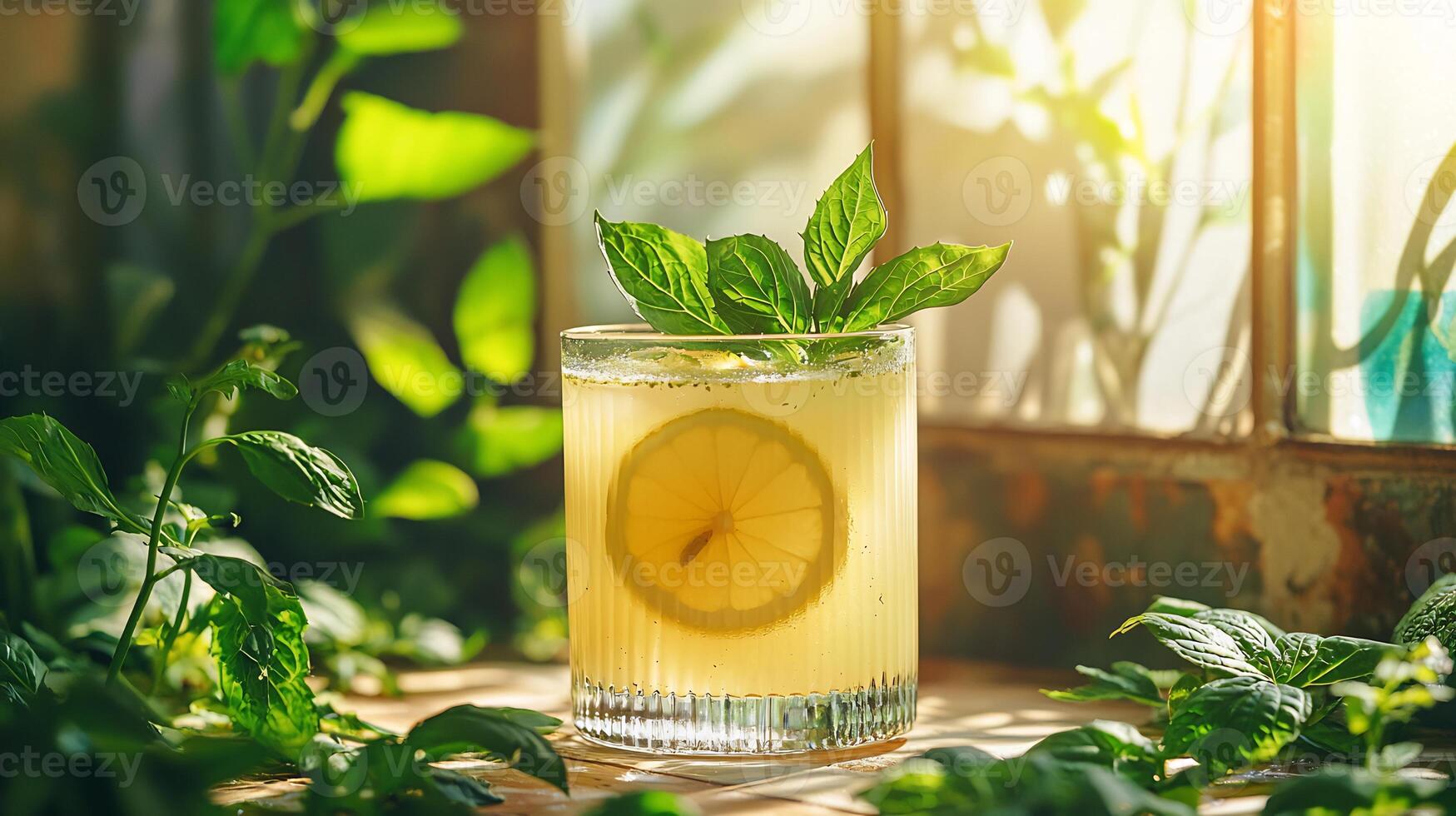A glass of lemonade with mint leaves on the window sill photo
