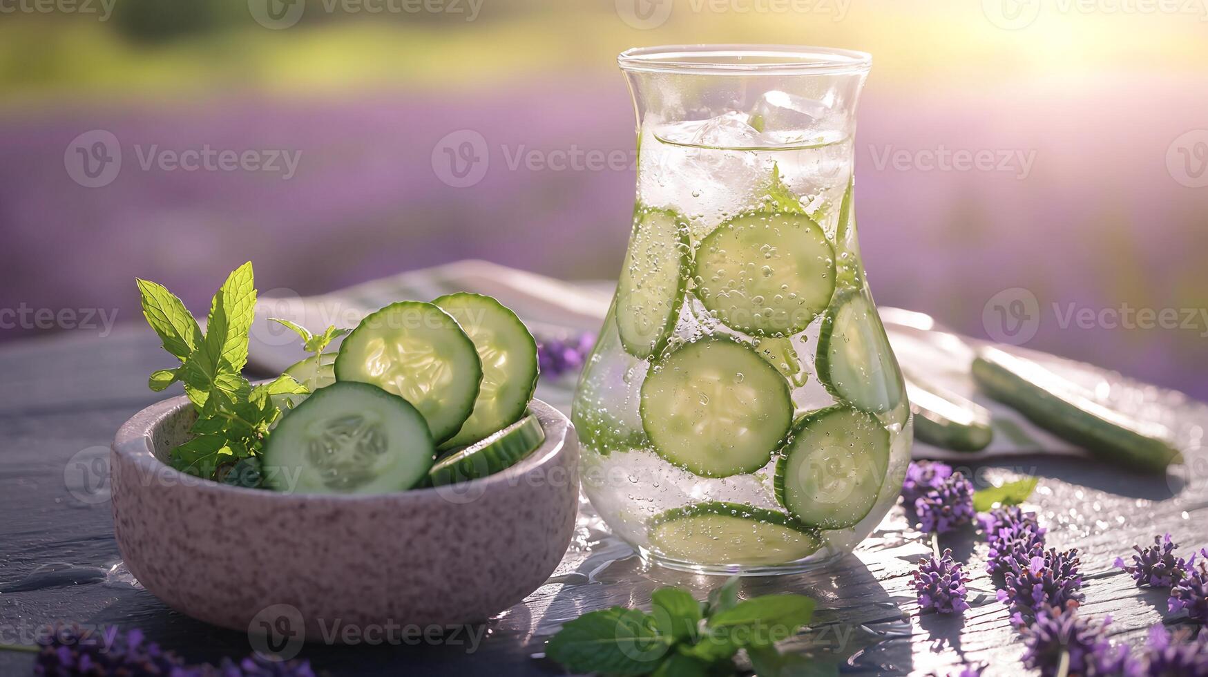A pitcher of water with cucumber slices and lavender flowers photo