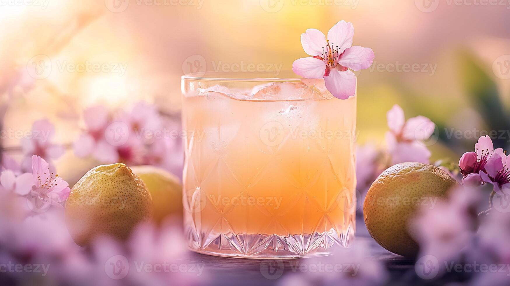 A glass of lemonade with flowers and lemons photo