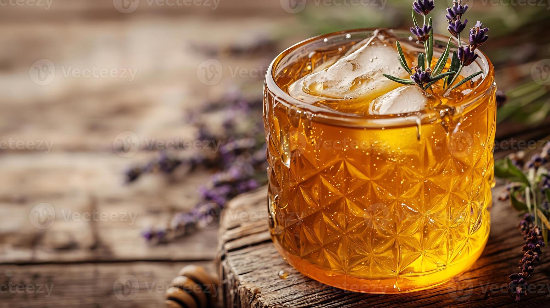 A glass of honey and lavender tea on a wooden table photo