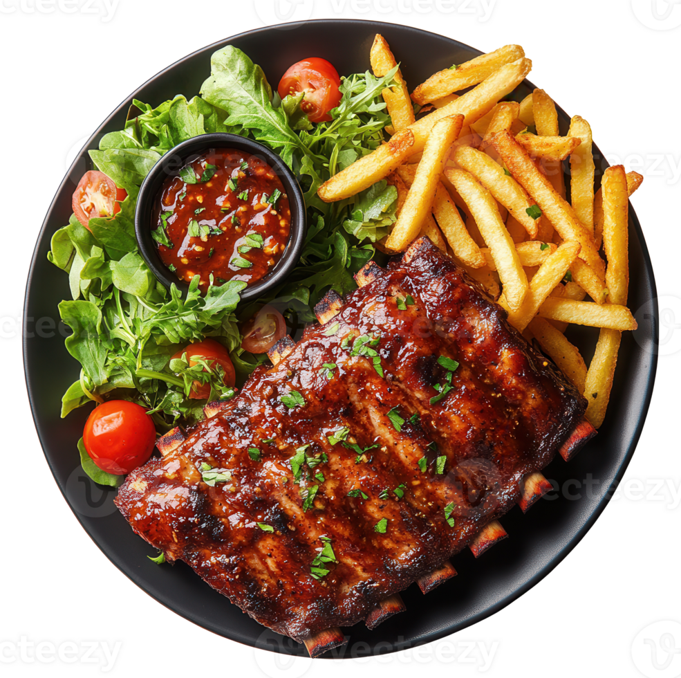 Barbecue Pork Ribs with French Fries, Salad and Sauce, Top View on a Transparent Background Image png
