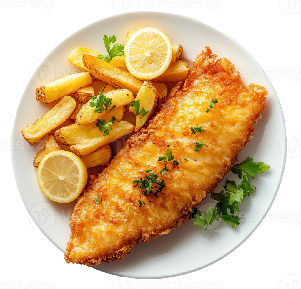 Fried Fish and Chips with Lemon Slices on a Plate in Image png