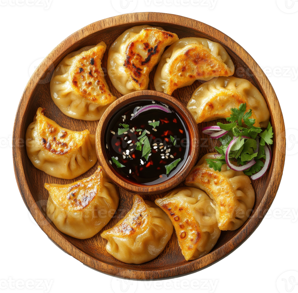 Cooked Gyoza Dumplings in a Wooden Bowl with Sauce on a Transparent Image png