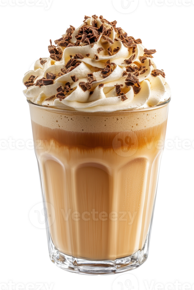Iced latte topped with whipped cream and chocolate shavings on a transparent background image png