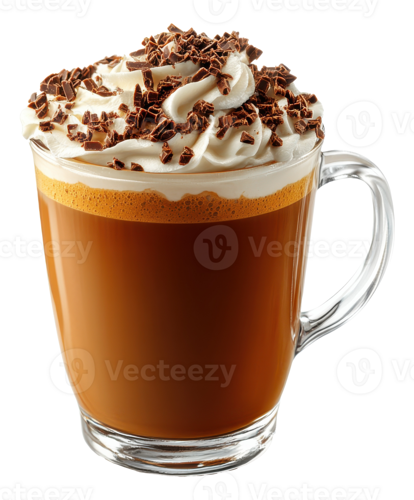 Cappuccino in Glass Cup with Whipped Cream and Chocolate Shavings on a Transparent Image png