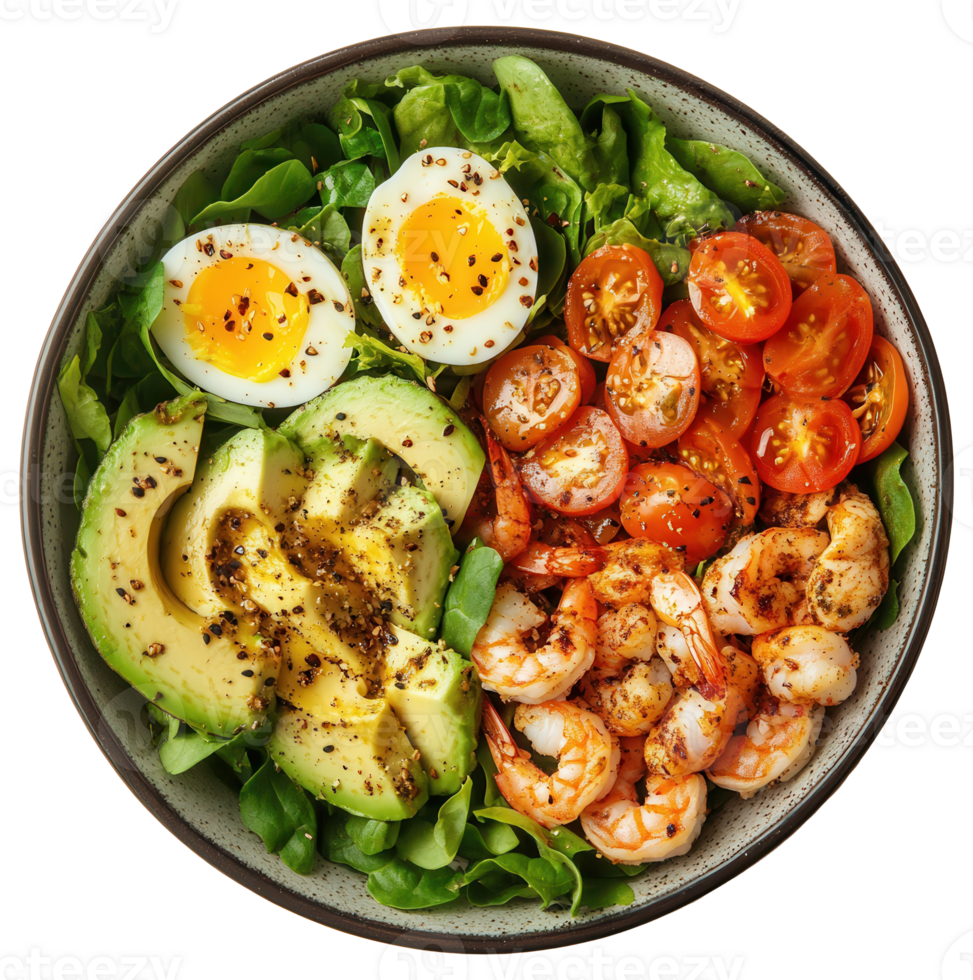 Shrimp Salad with Avocado, Egg, and Tomato in Image on Transparent png