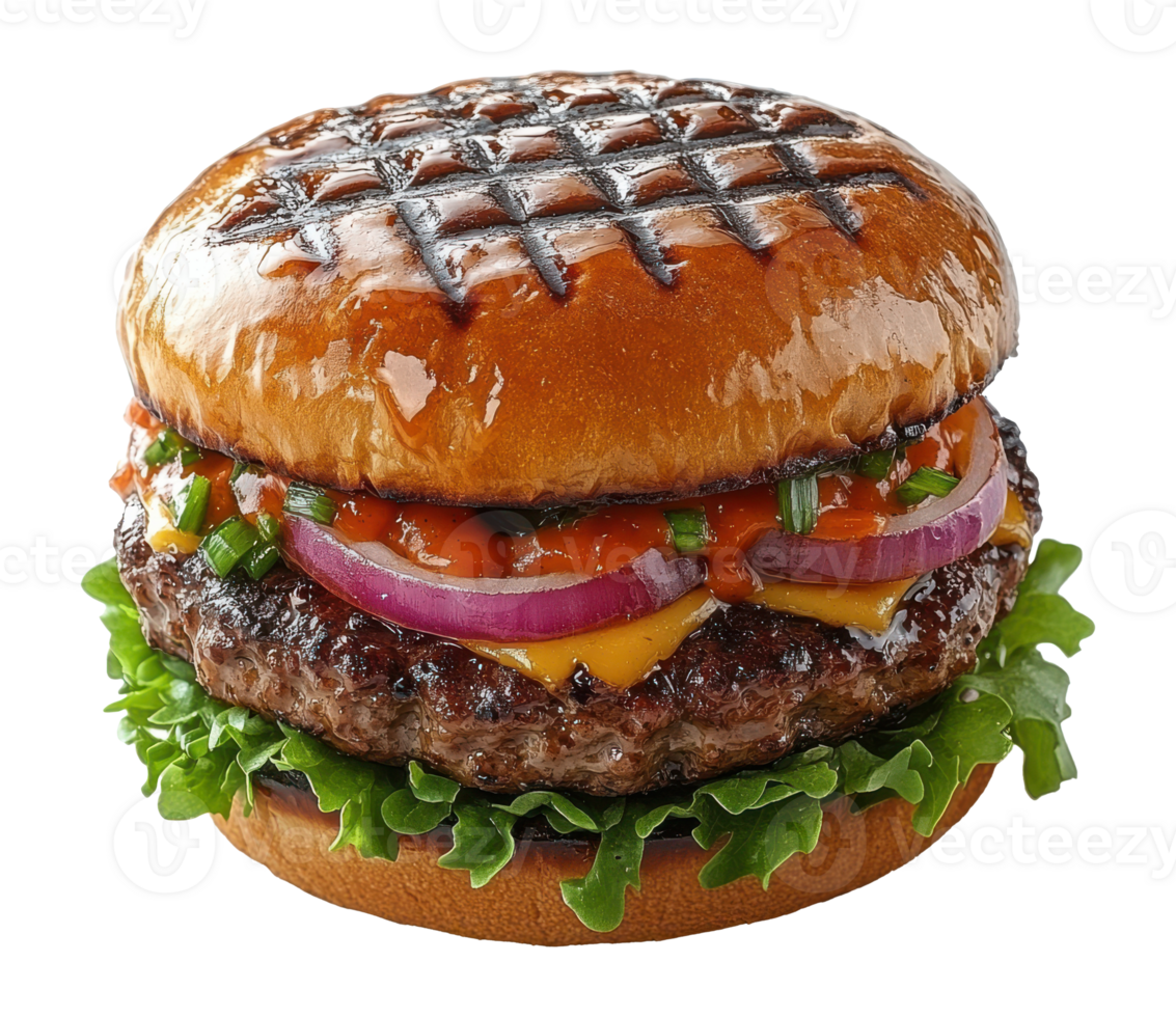 Gourmet Burger with Grilled Bun and Toppings on Transparent Image png