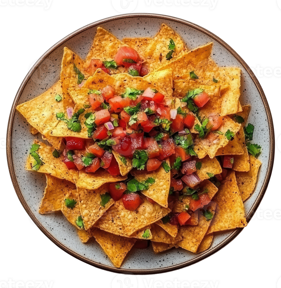 Nachos with Tomato Salsa and Cilantro Topping on a Plate png