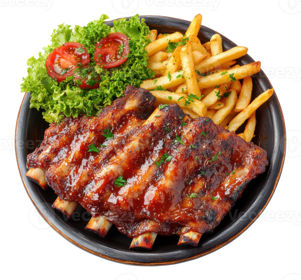 Succulent Barbecue Ribs with Fries and Salad on Plate, Image png