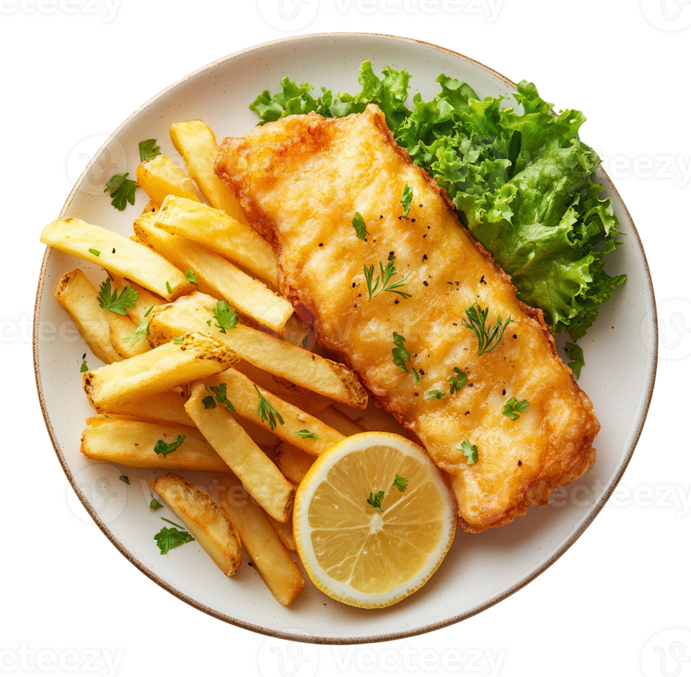 Top-Down View of Fish and Chips Meal with Lemon and Salad on a Plate, Image png