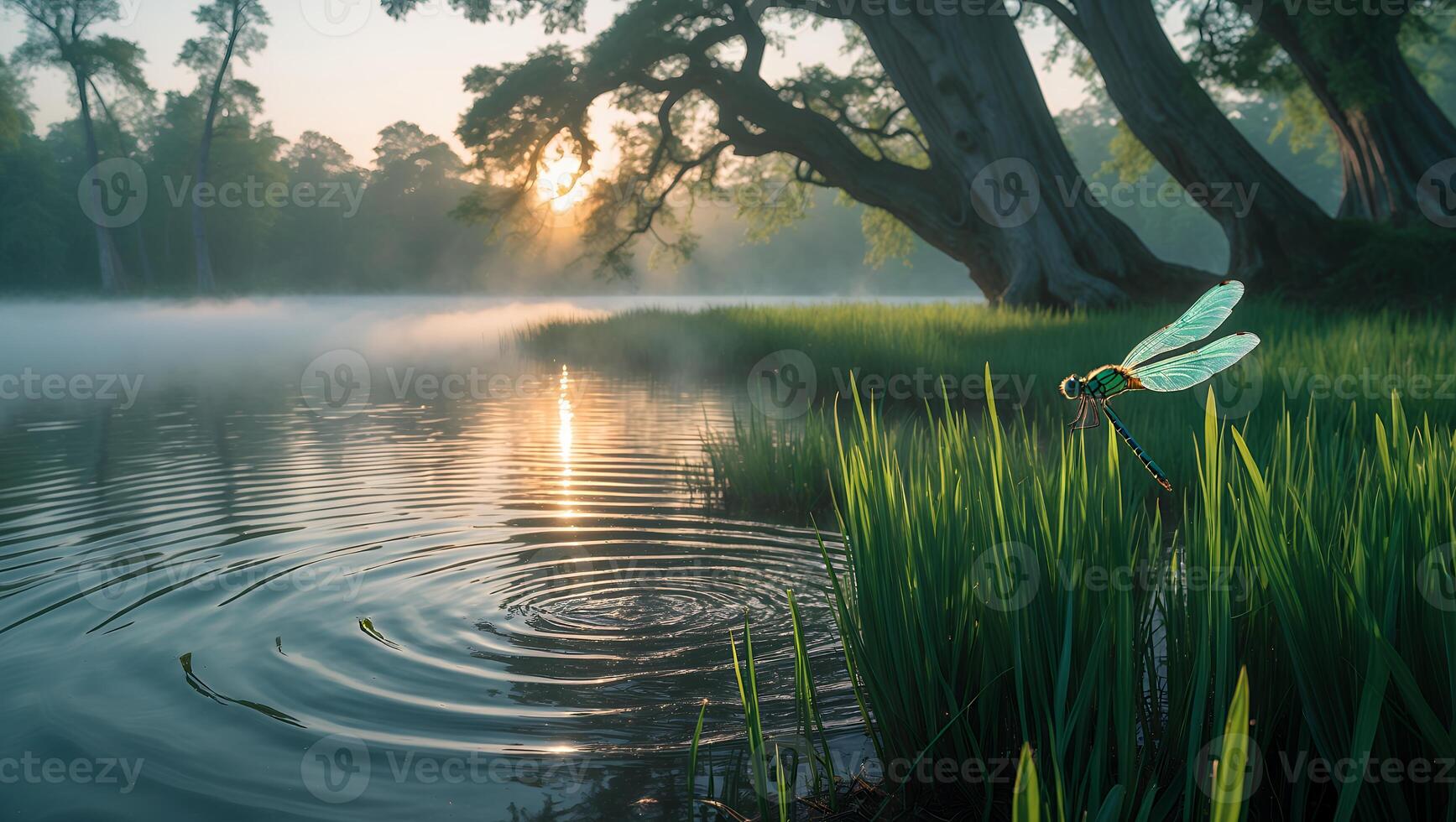 Dragonfly Resting on Grass Near a Tranquil Lake at Sunrise photo