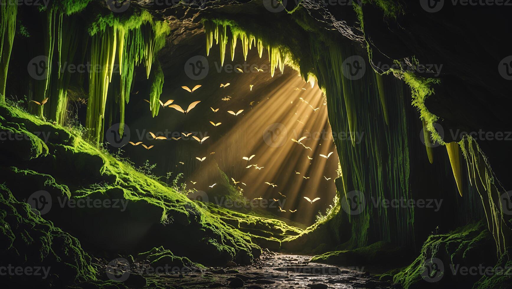 Exploring Mossy Cave with Sunlight and Flying Shapes photo