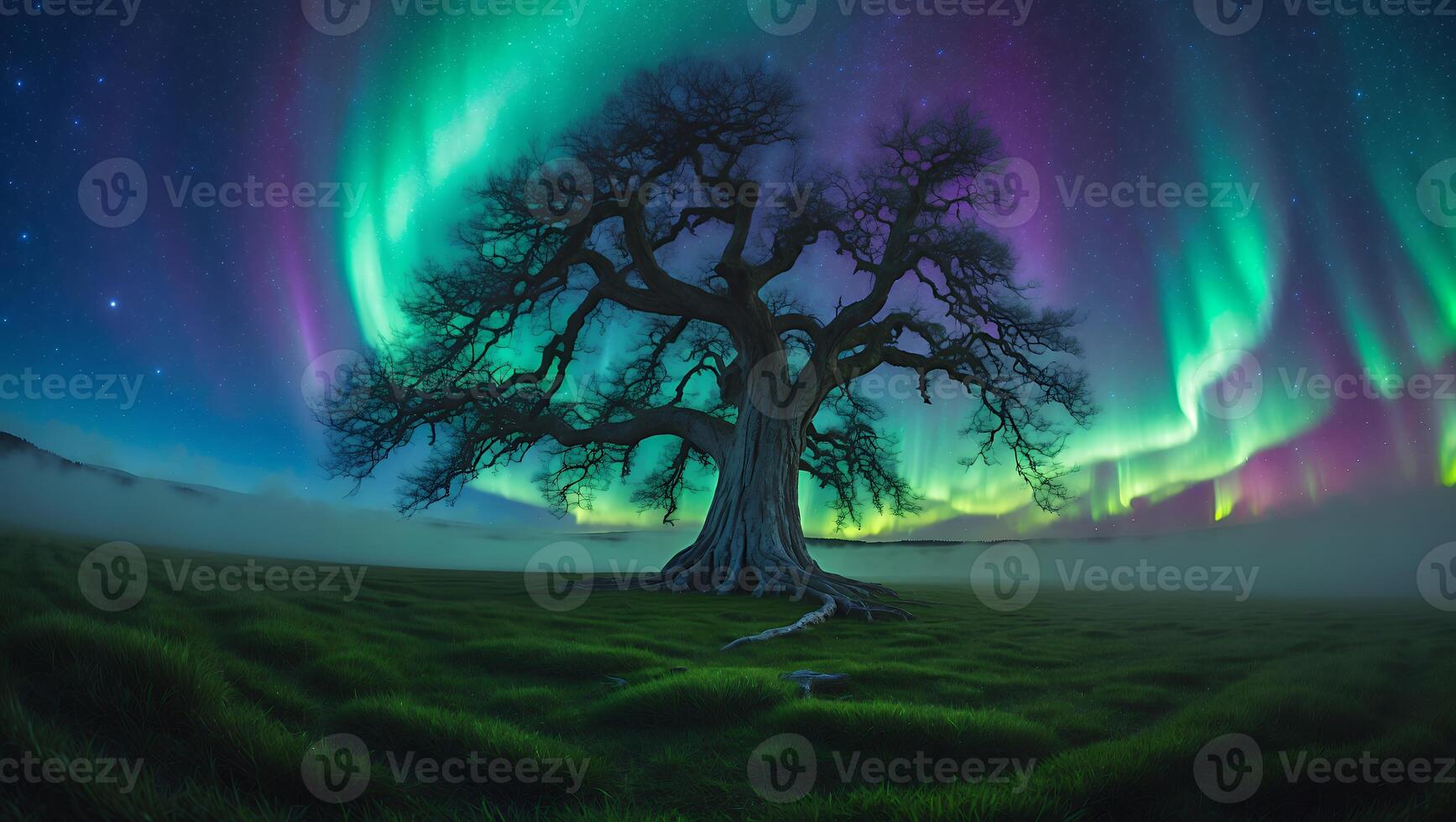 Majestic Tree Silhouette Under Colorful Northern Lights in Night Meadow photo