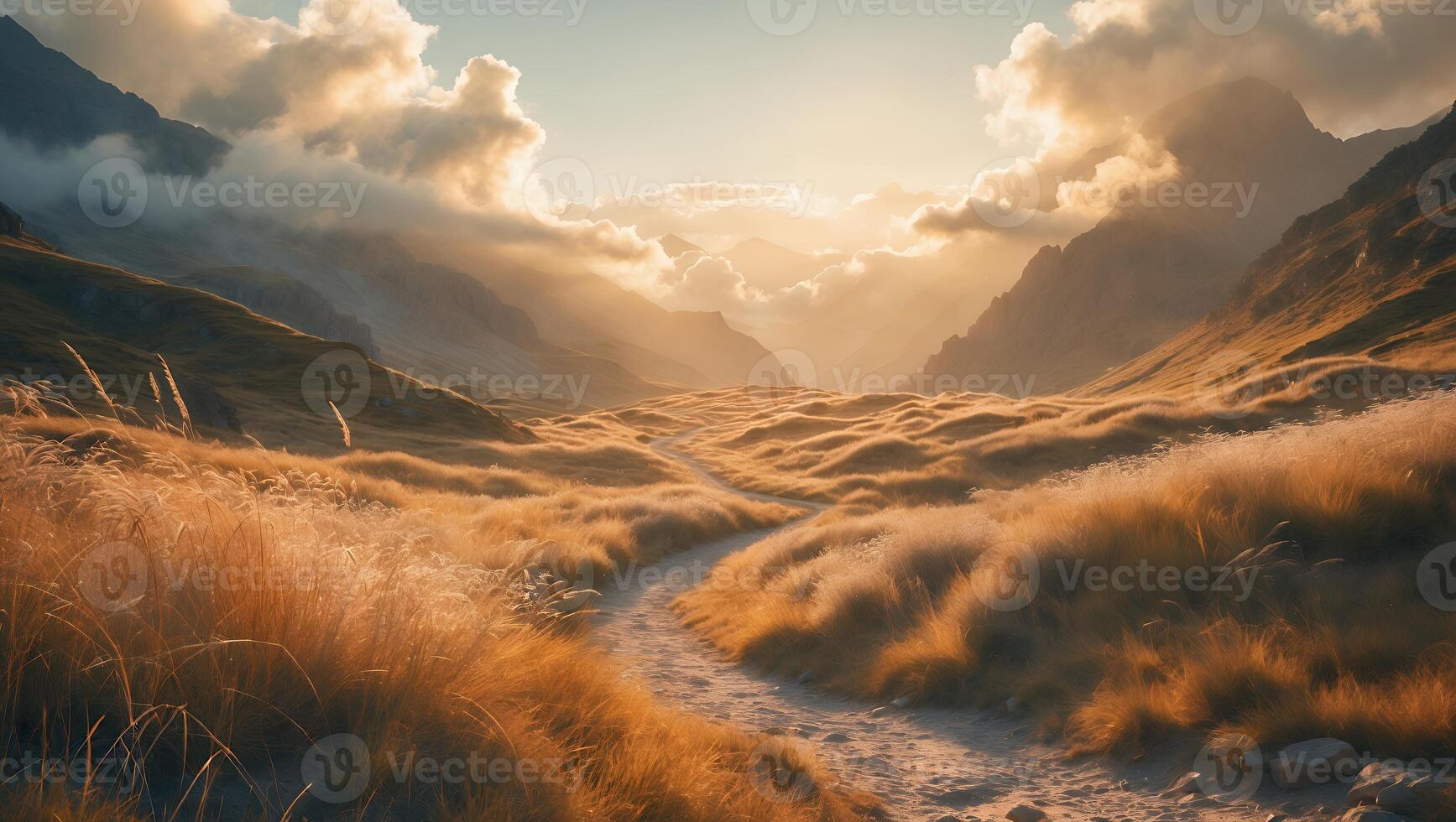 Hiking Trail Through Golden Field in Mountain Valley at Sunrise photo
