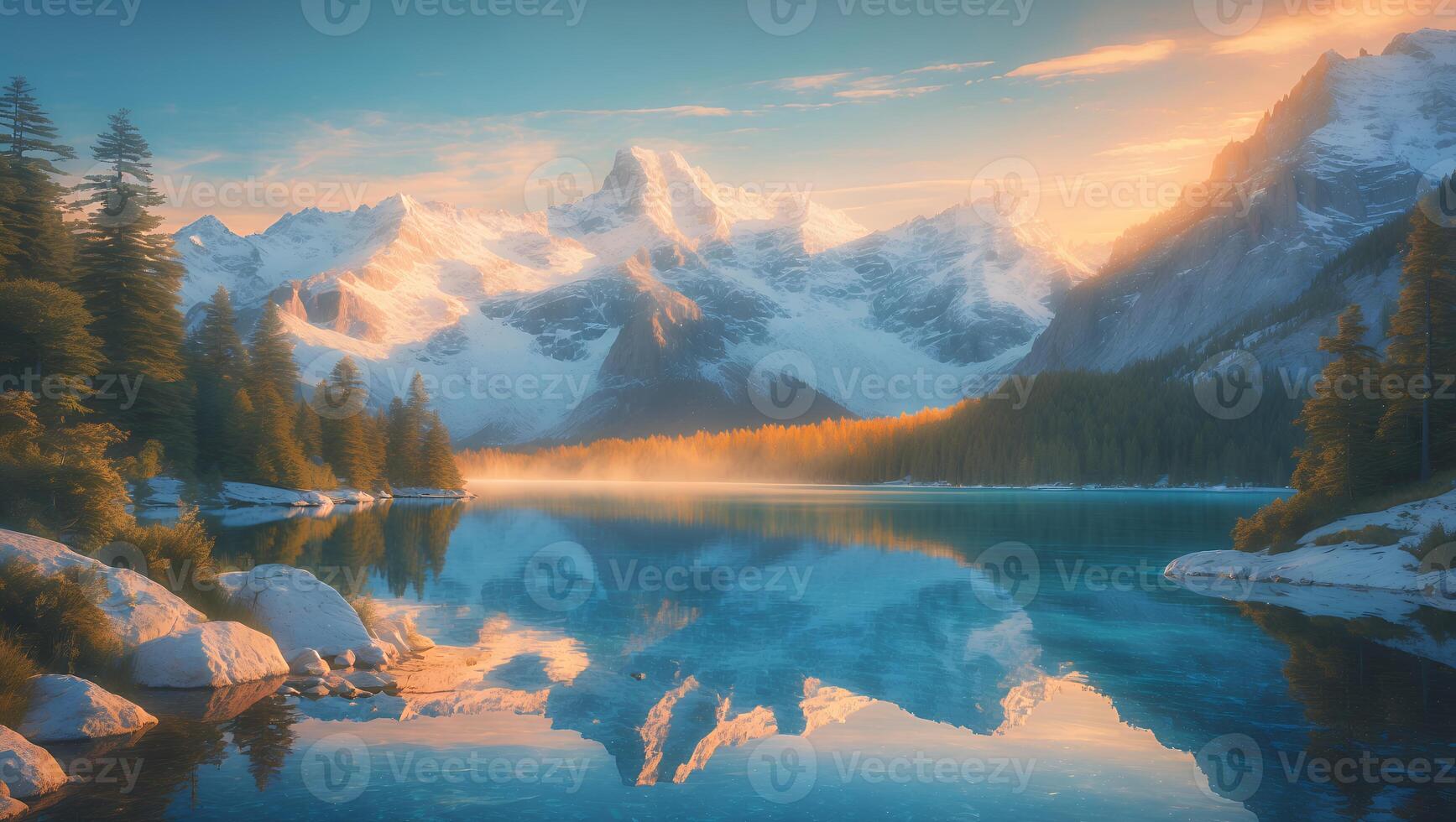 Lake Reflecting Snow Capped Mountains and Evergreen Forest at Dawn photo
