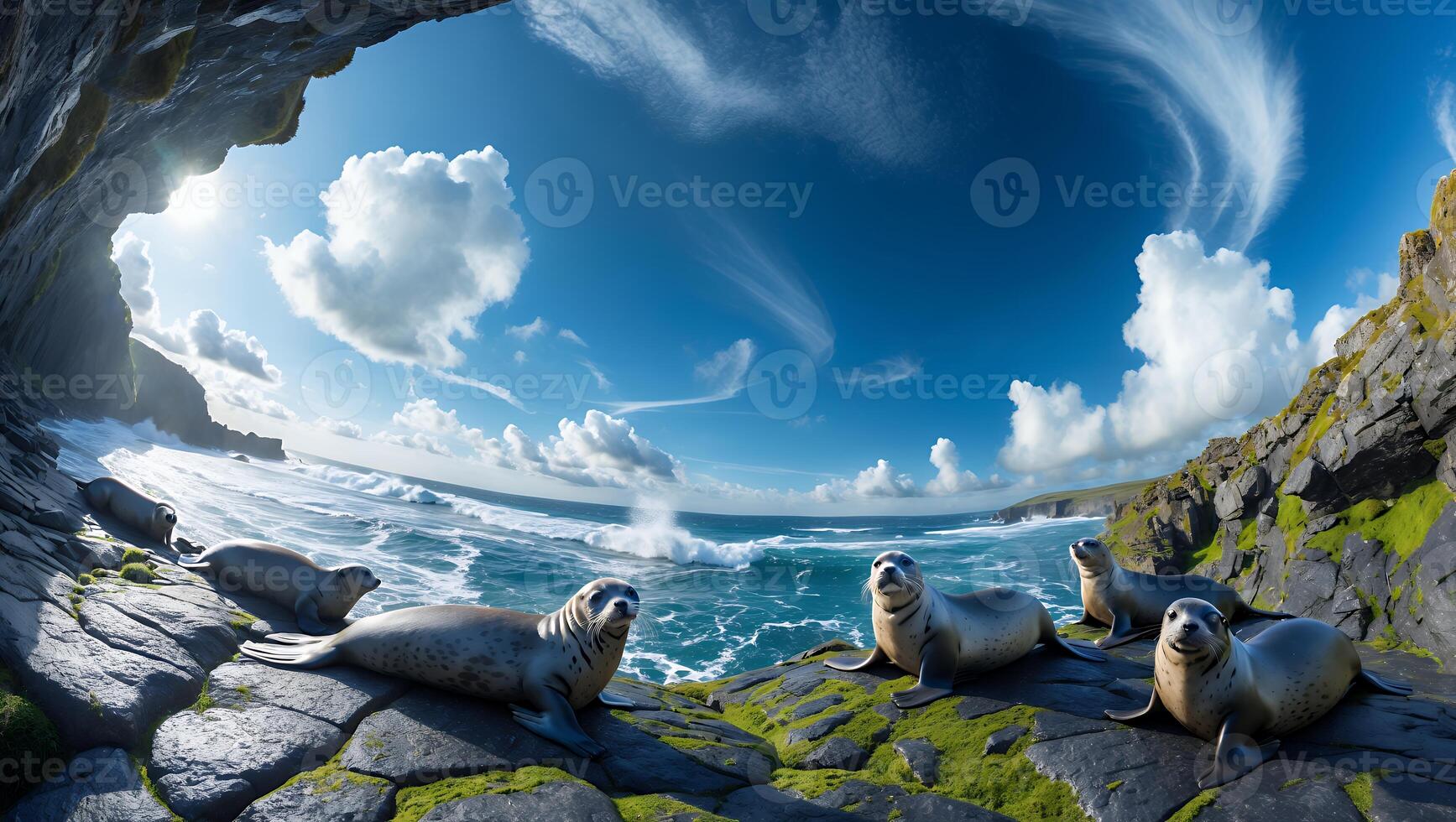 Seals Resting on Rocky Coastline with Crashing Waves and Cloudy Sky photo