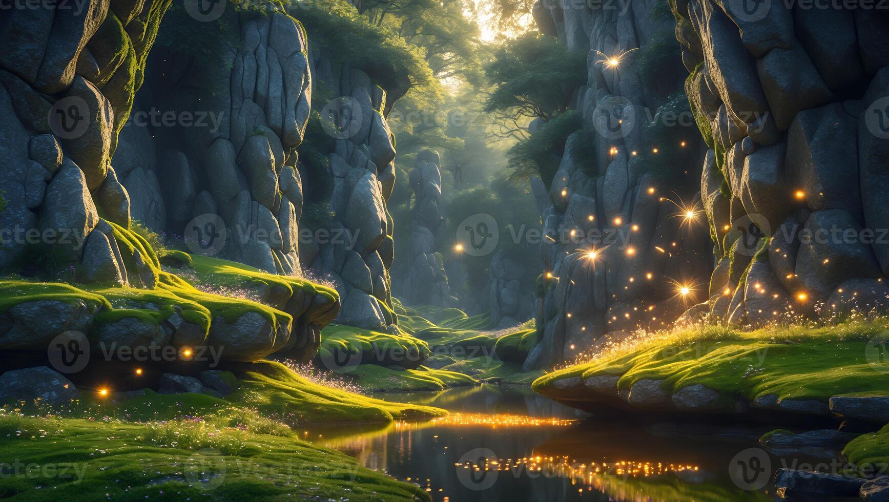 Reflective River Flows Through Mossy Rock Formation with Glimmering Lights photo