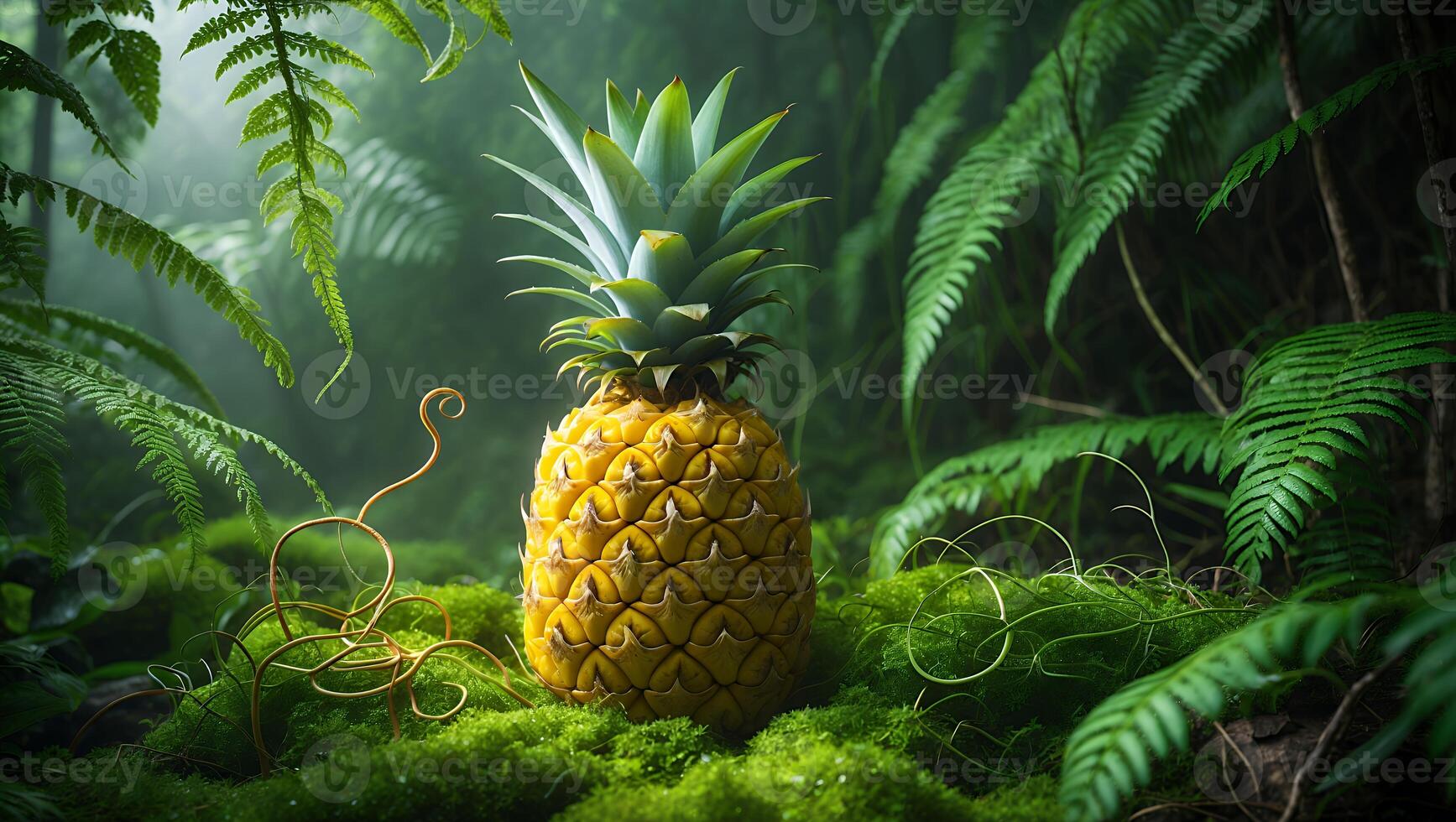 Pineapple Standing on Moss in Forest Tropical Still Life photo