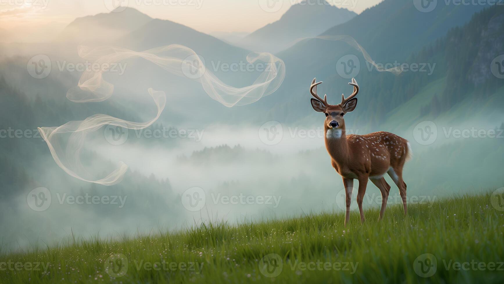 Standing Deer on Green Hill Overlooking Foggy Mountain Valley Landscape photo
