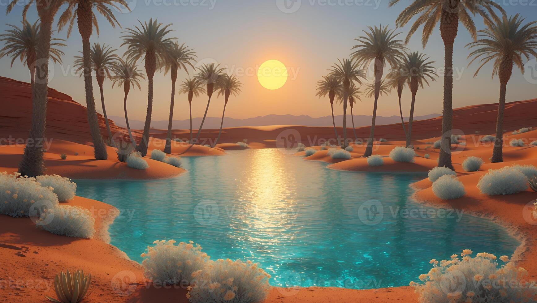 Oasis in Desert Landscape with Palm Trees and Sunset Reflection photo