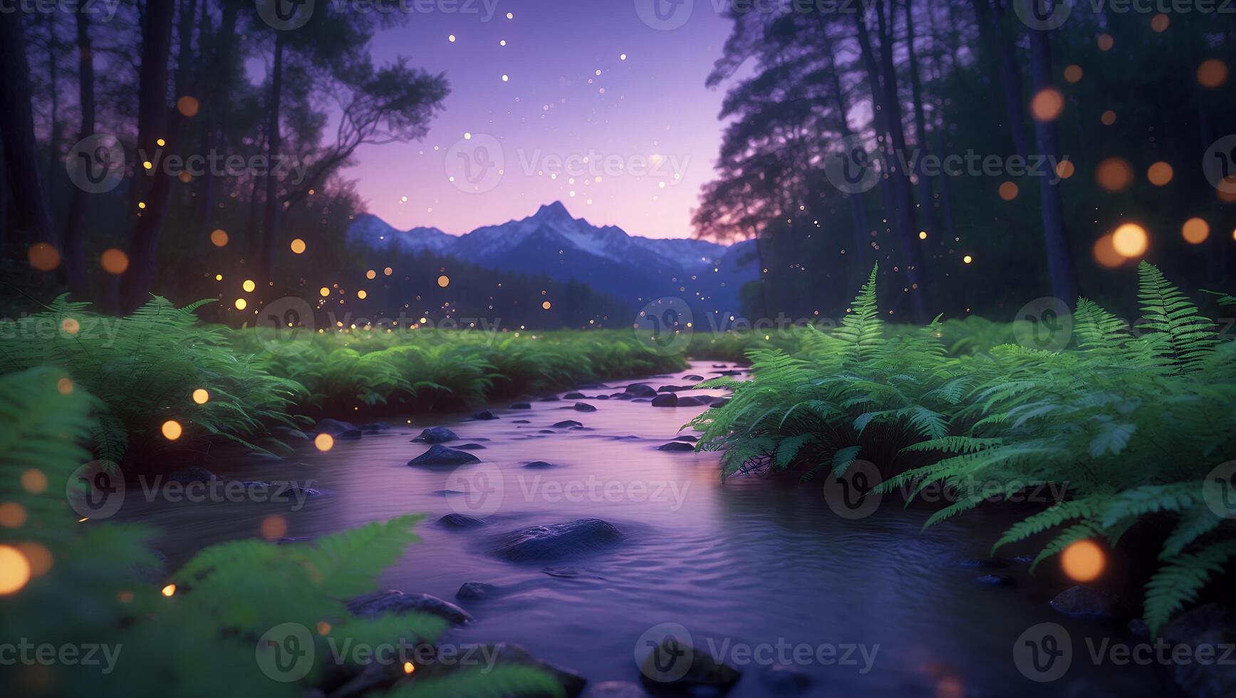 Stream Flowing Through Forest Ferns with Mountain Background at Twilight photo