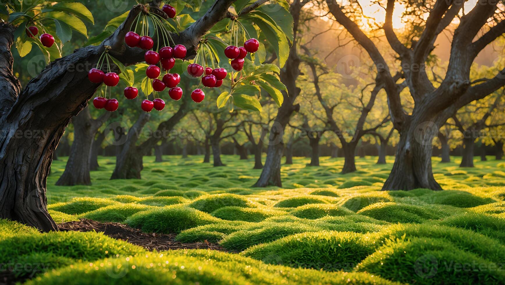 Cherry Orchard at Sunset Fresh Fruit Hanging Ripe and Ready photo