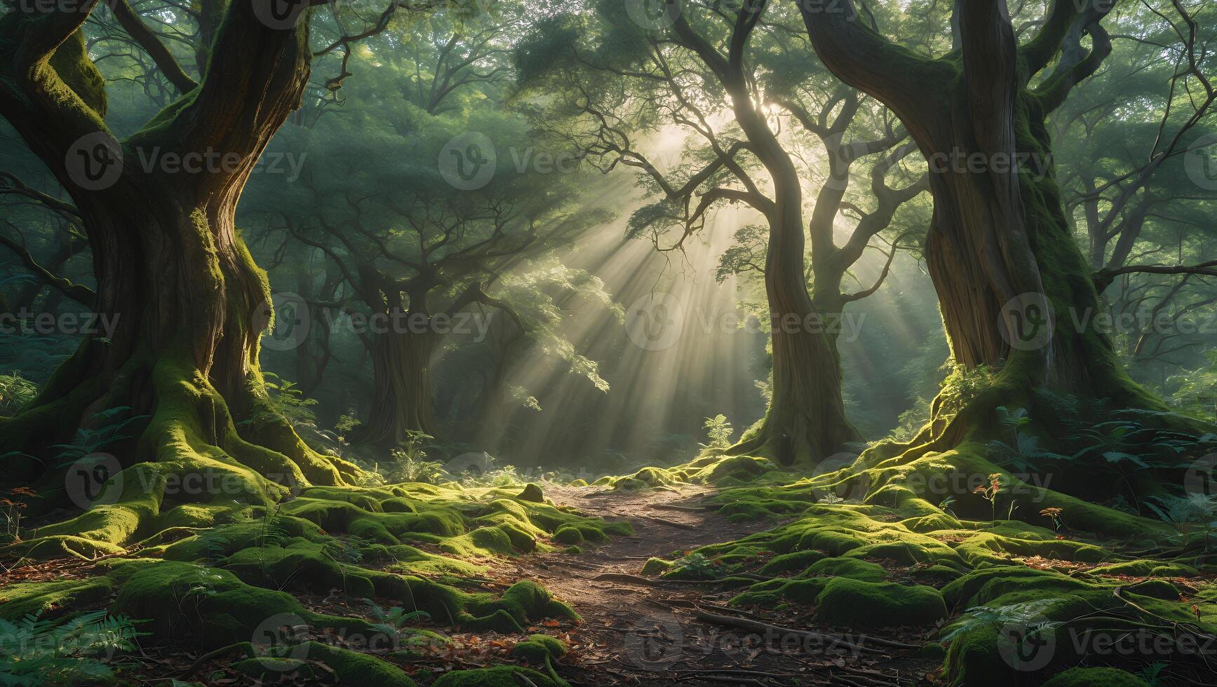 Sunlight Streaming Through Forest Trees with Moss Covered Ground photo