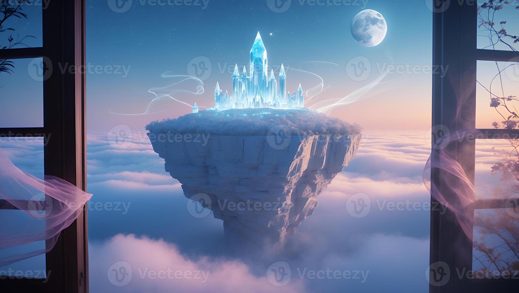 Fantasy Floating Island Castle Seen Through a Window Above the Clouds photo