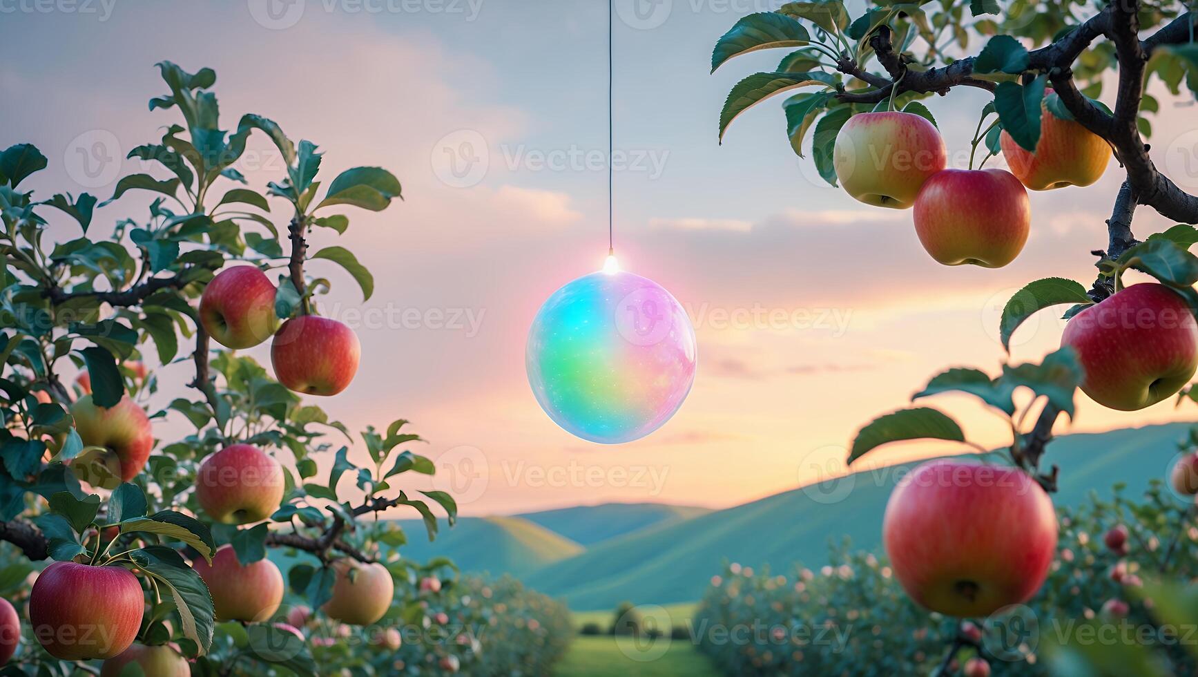 Hanging Orb in Apple Orchard at Sunset with Rolling Hills photo