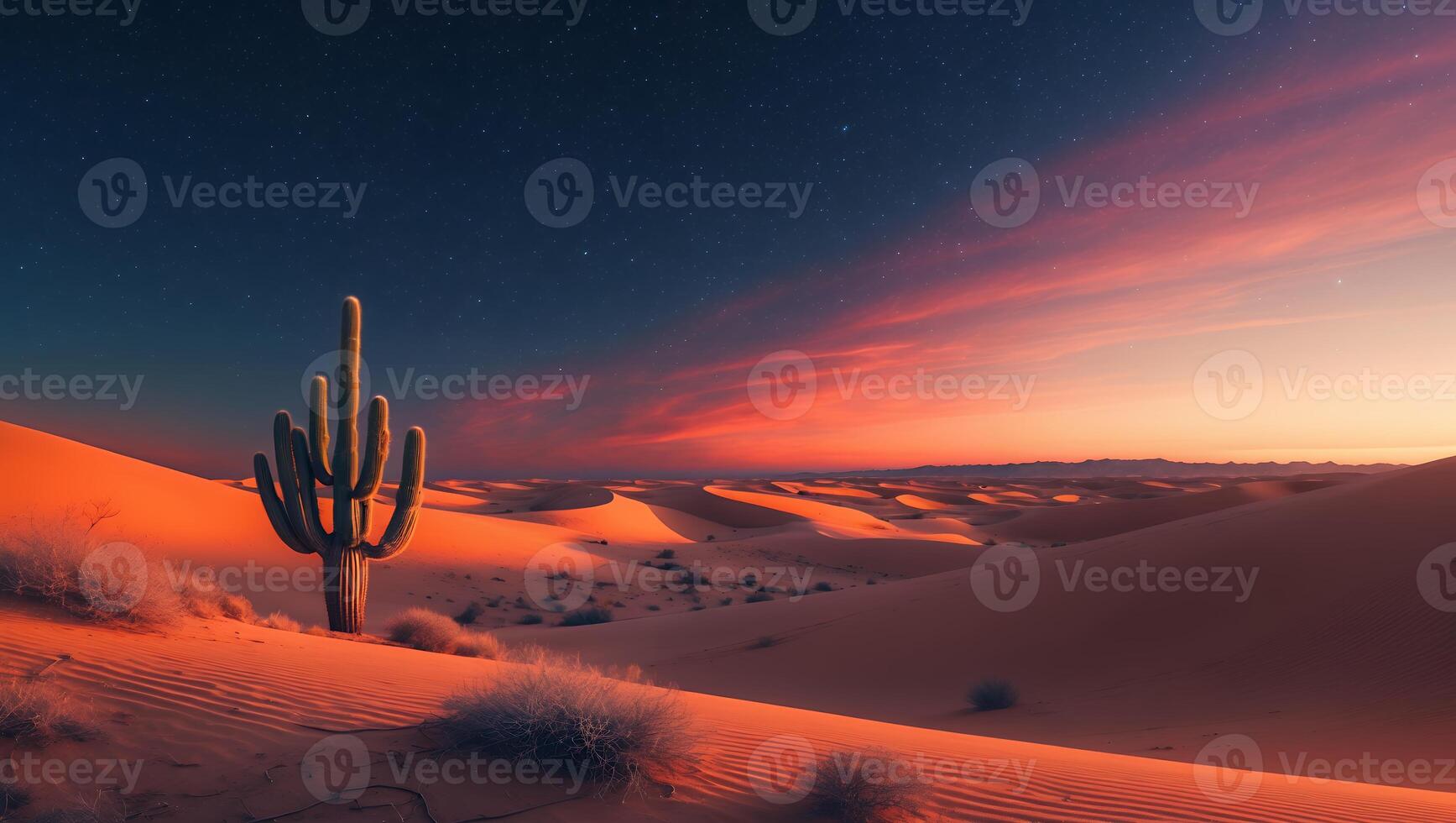 Standing Cactus in Desert Landscape with Dramatic Sunset Sky photo