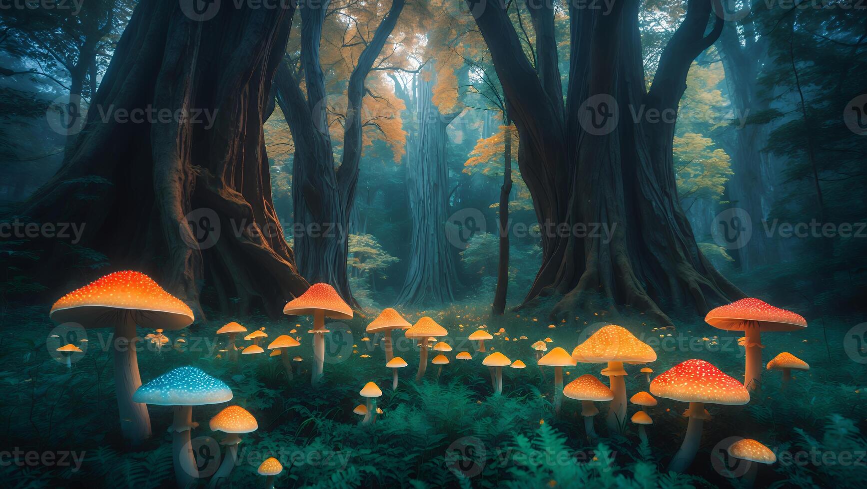 Glowing Mushrooms in Forest Landscape with Fantasy and Dreamlike Atmosphere photo