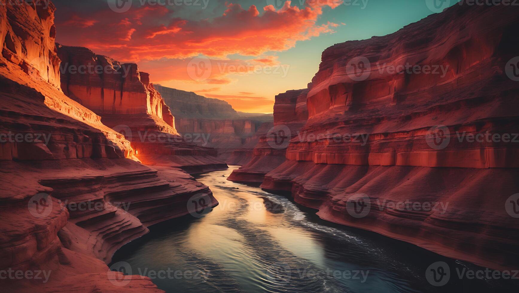River Flowing Through Canyon at Sunset with Dramatic Sky photo