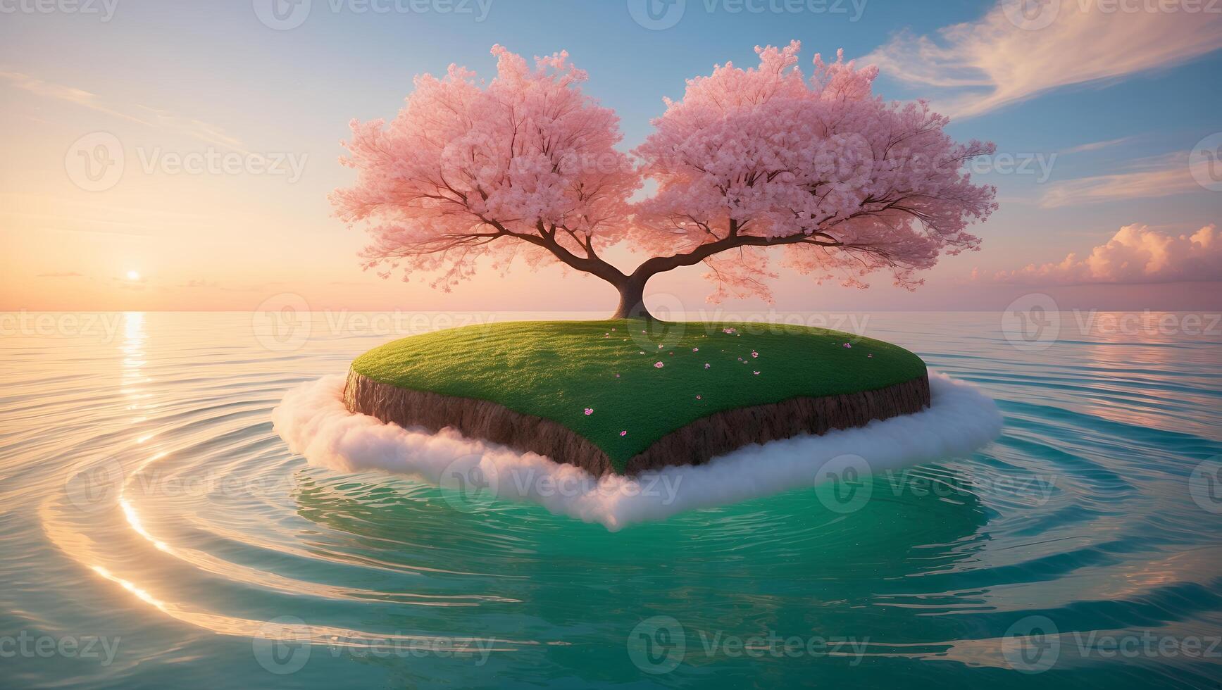 Flowering Trees on Small Island Floating Over Water at Sunset photo