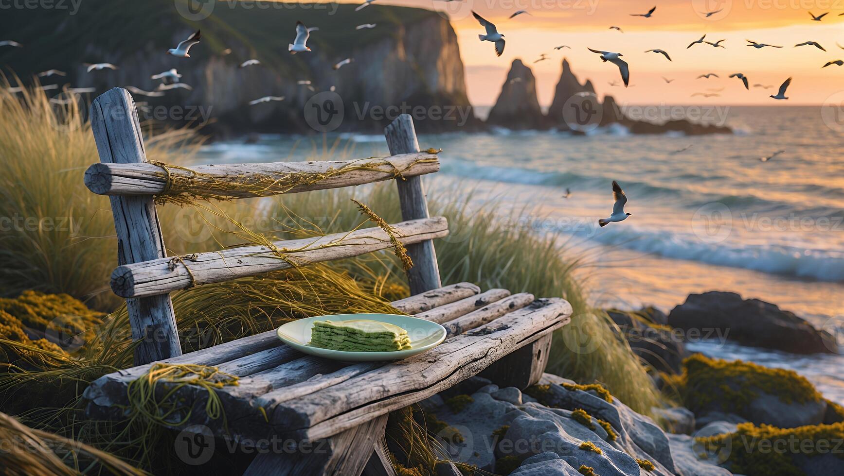 Green Food on Bench at Beach with Birds and Cliffs at Sunset photo
