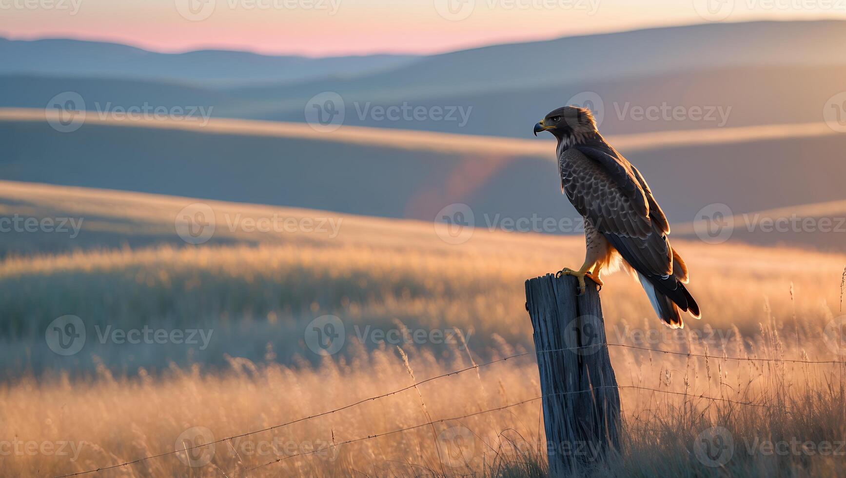 Hawk Resting on Wooden Post in Golden Grass Field Landscape photo