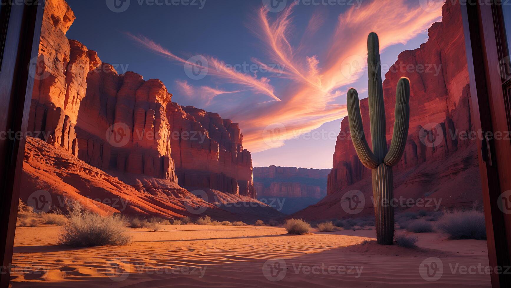 Desert Canyon View with Saguaro Cactus and Dramatic Sky at Dusk photo