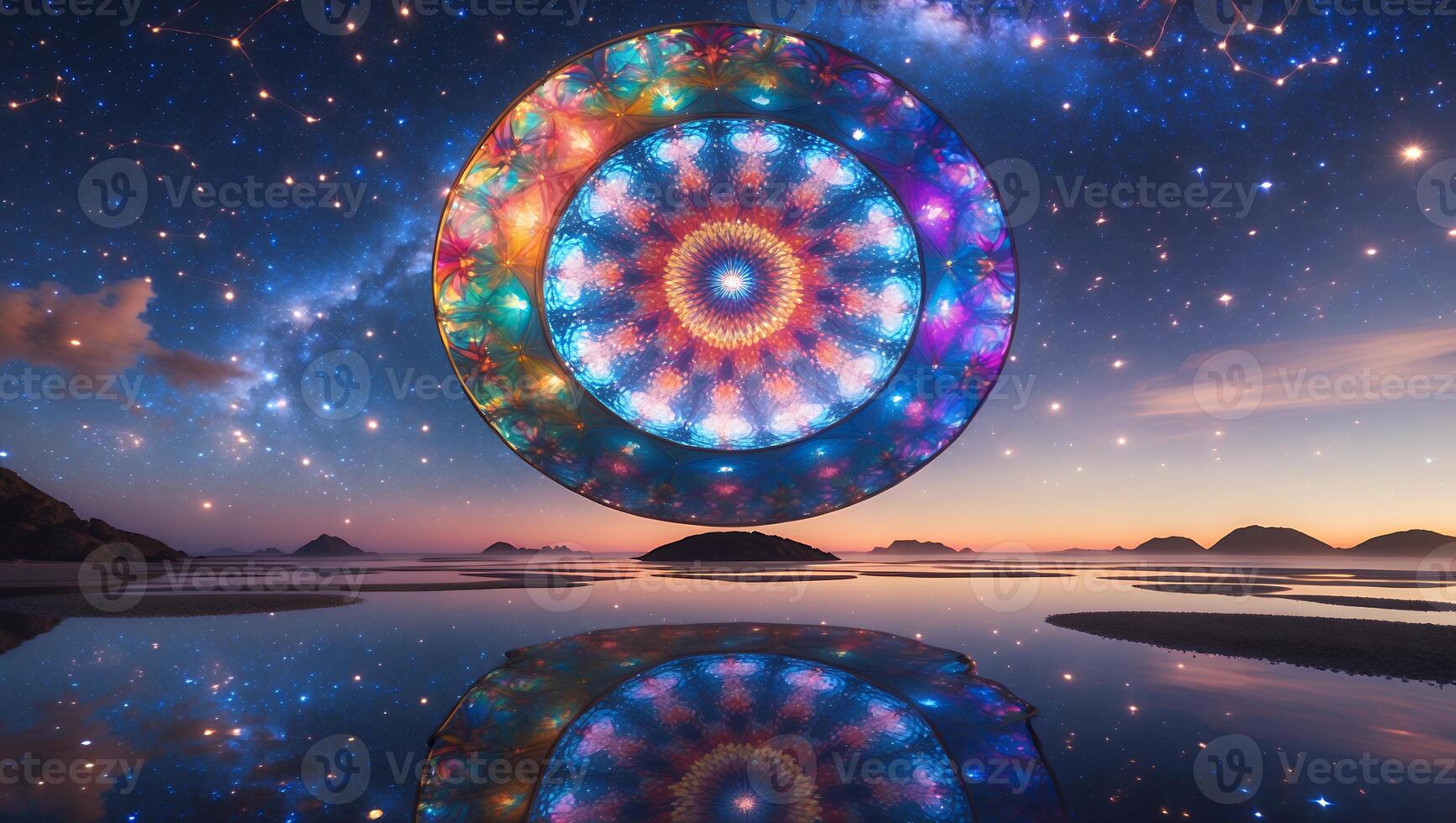 Abstract Circle Reflection Over Water with Night Sky and Starry Landscape photo