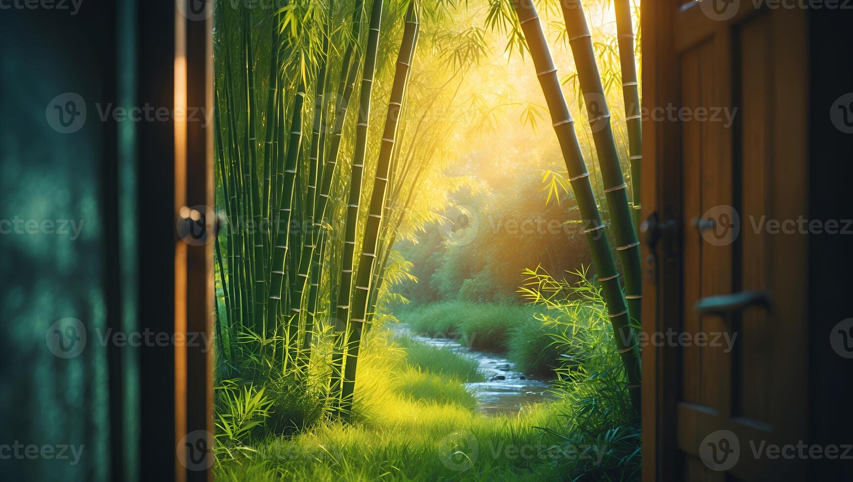 Open Doorway to Bamboo Forest and River in Soft Sunlight photo