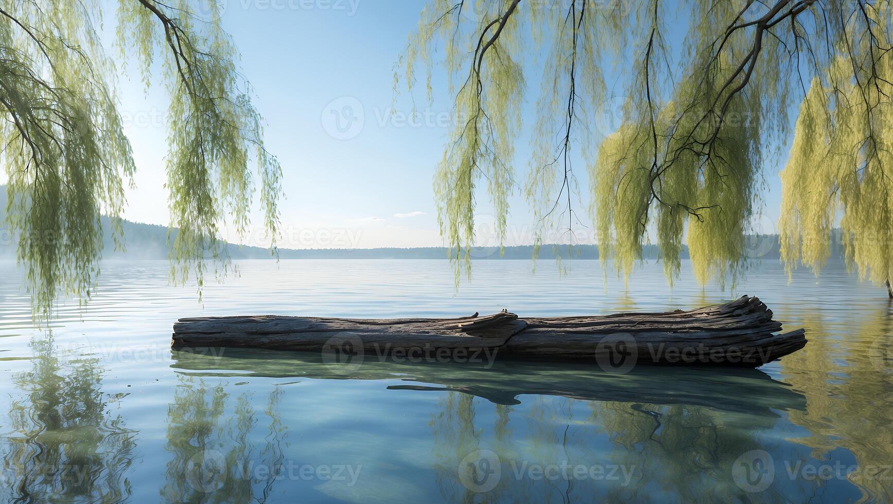 Floating Log on Serene Lake Surrounded by Weeping Willow Branches photo