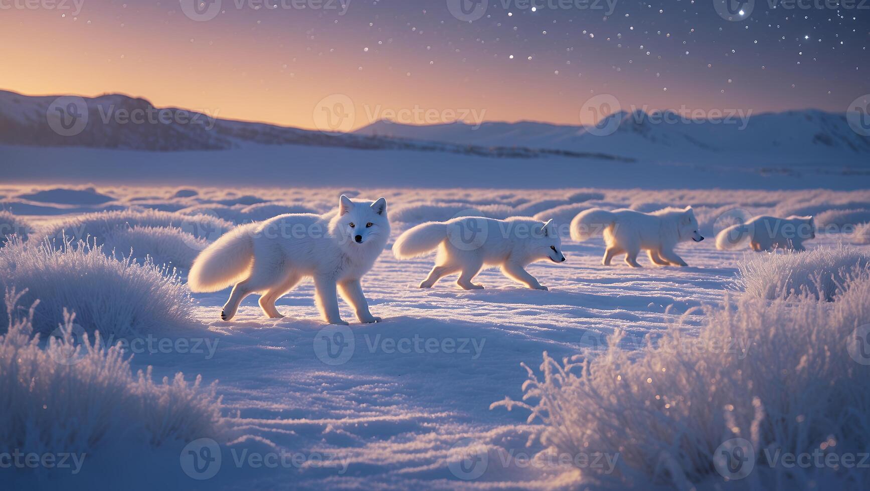 Arctic Foxes Walking Across Snowy Tundra at Dusk Under Starry Sky photo