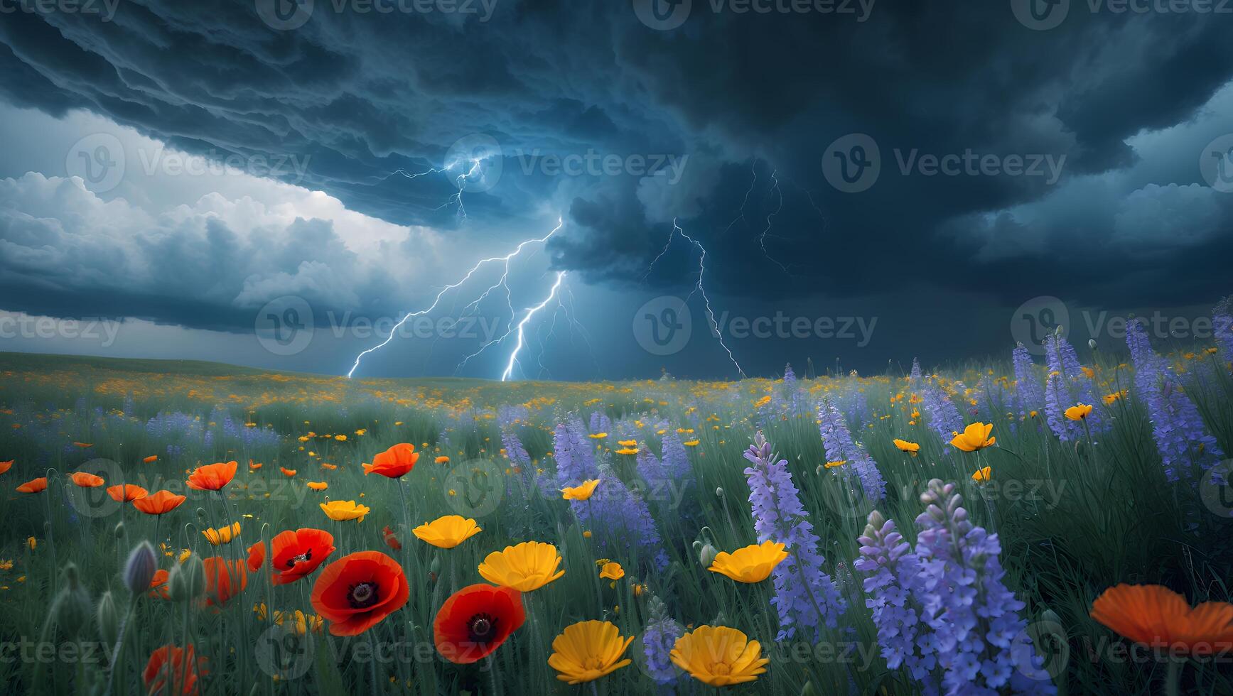 Stormy Weather Over Flower Meadow with Lightning Strikes and Dark Clouds photo