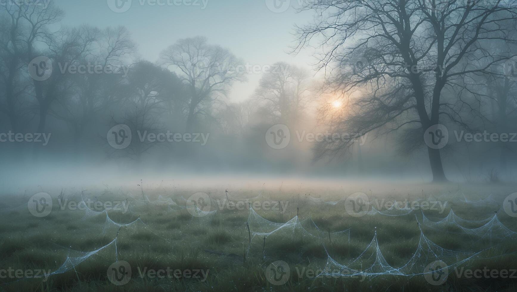 Foggy Meadow with Spiderwebs and Trees at Sunrise Creates Mystical Scene photo