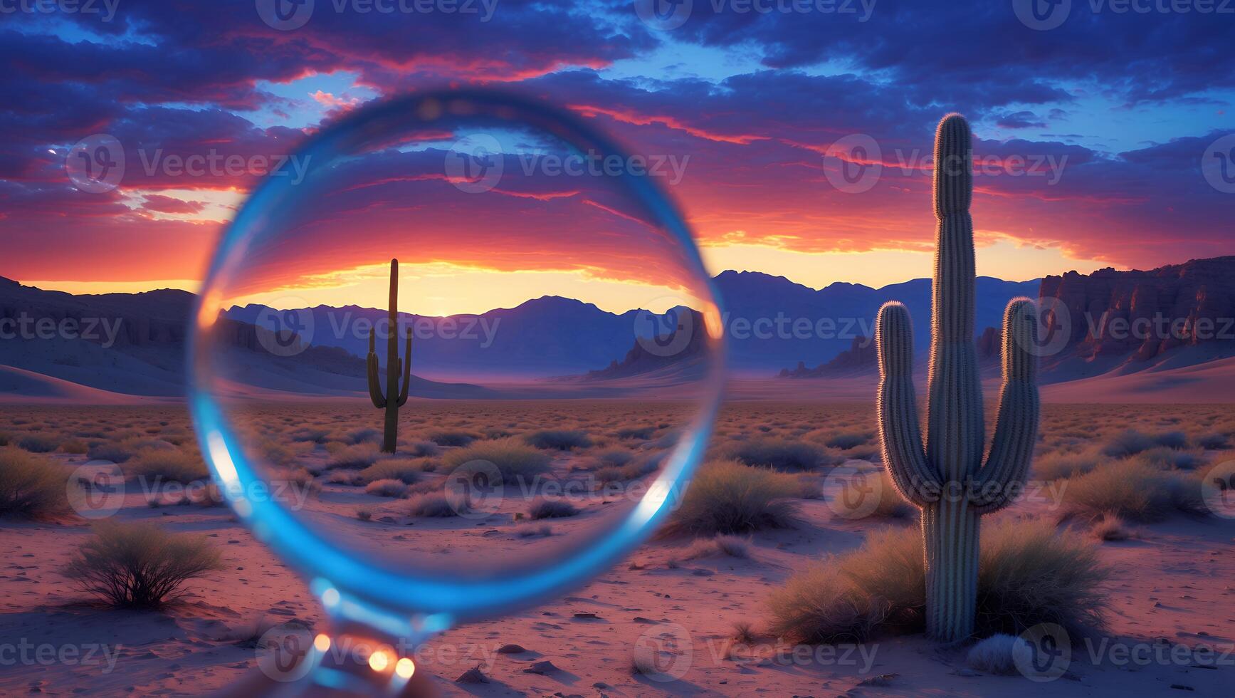 Observing Desert Cactus Sunset Through Magnifying Glass for Exploration Concept photo