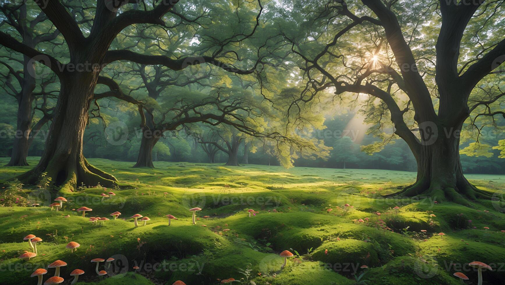 Walking Through Enchanted Forest with Trees and Mushroom Meadow Sunlight photo