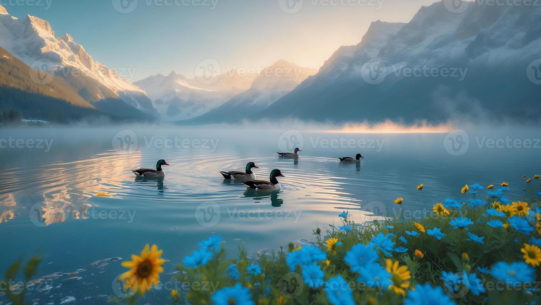 Ducks Swim Peacefully on Lake with Mountain Scenery and Flowers photo