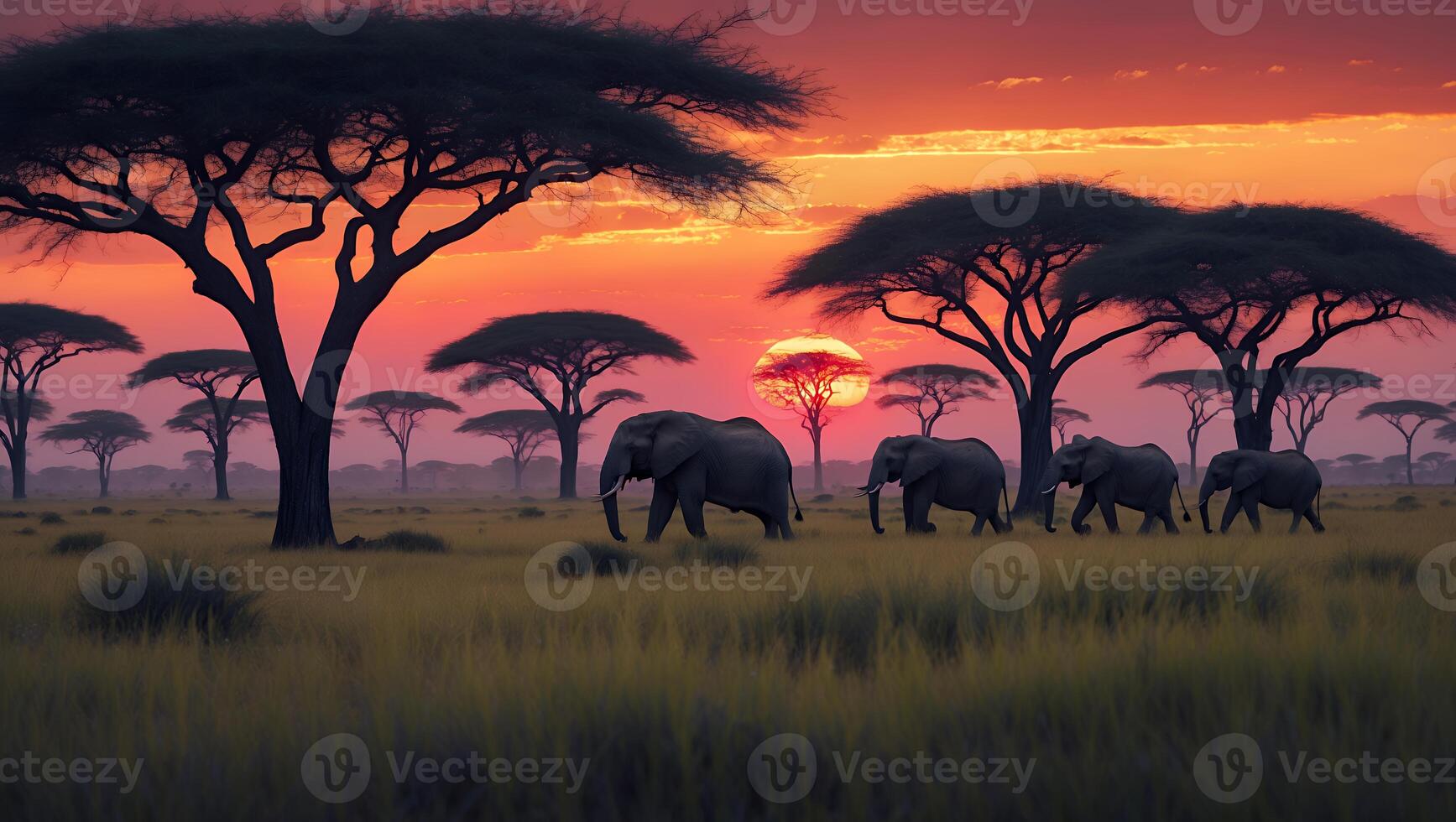 Elephants Walking Through Savannah Grassland at Sunset with Dramatic Sky photo