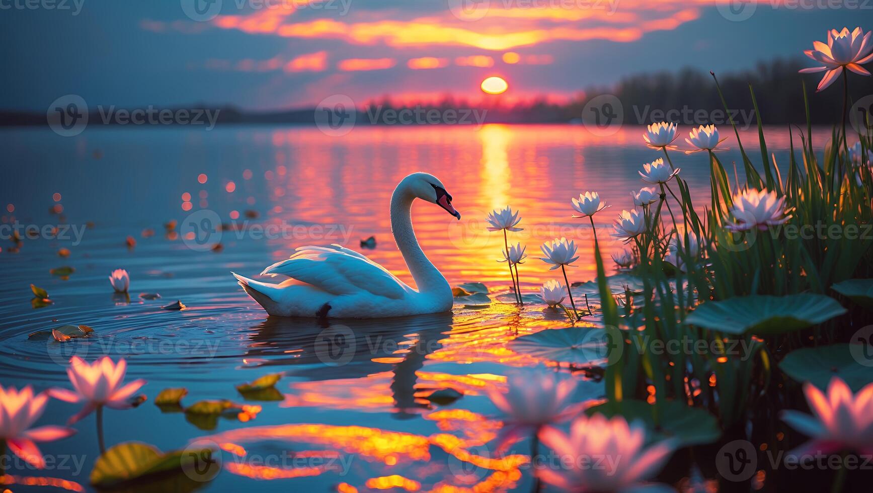Swan Swimming Among Lily Pads on Calm Lake at Sunset photo