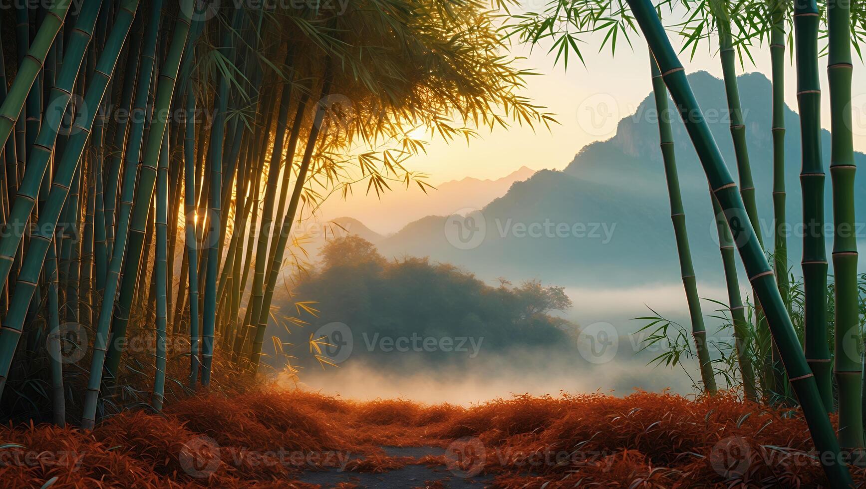 Bamboo Forest Path Leading to Misty Mountain Landscape at Sunrise photo